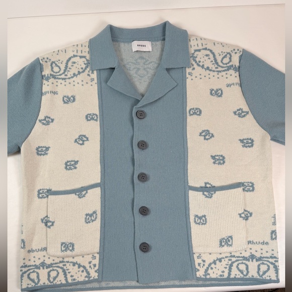 RHUDE Men's Blue Cream Button Down Banco Knit Short Sleeve Shirt Size Med - Picture 12 of 12